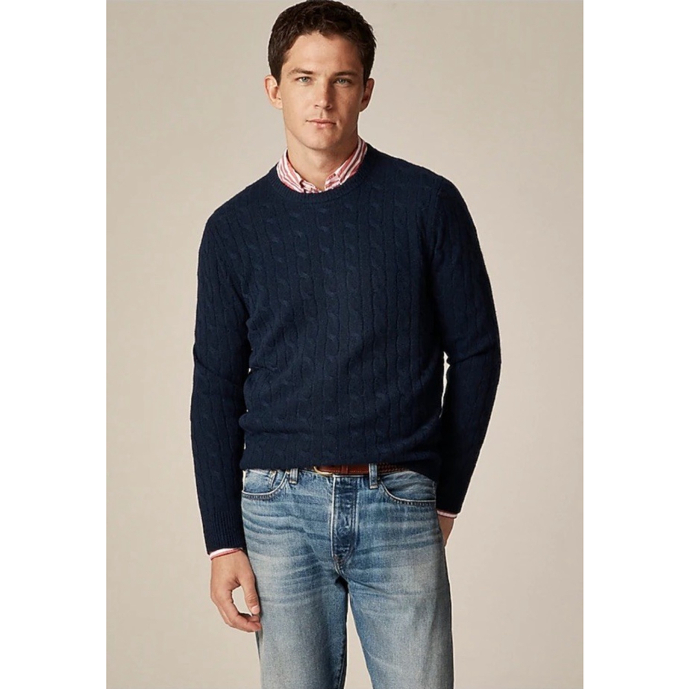 J Crew Lambswool Cable Knit Fisherman Sweater Men’s XL Blue Old Money Academia